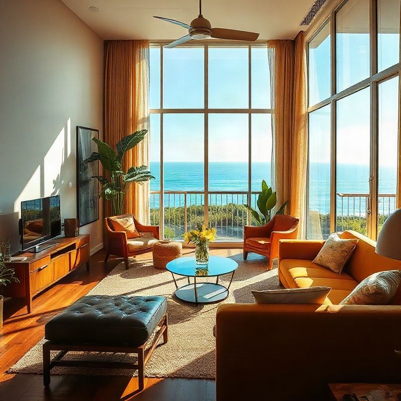 Bright Florianópolis apartment interior with ocean view
